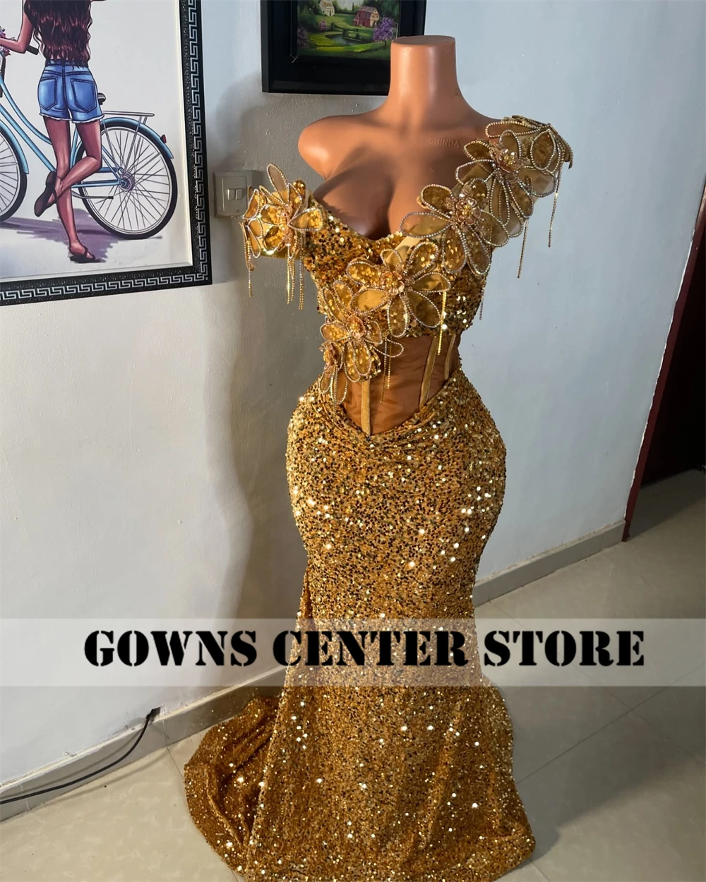 Sparkle Golden Aso Ebi African Evening Dresses Ruched Off The Shoulder Mermaid Formal Party Gowns Luxury Women 2025 Customized image 3