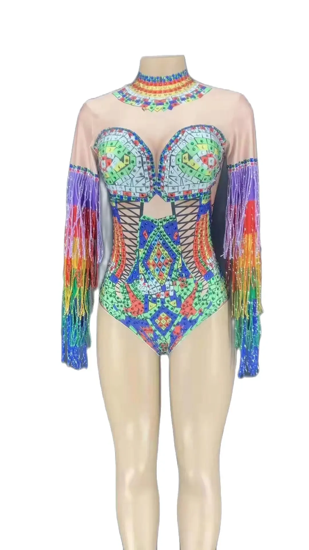 Jazz Dance Costume Multi-Color Rhinestones Fringe Bodysuit DJ Women Singer Crystals Leotard Stage Wear Bar Nightclub Outfit