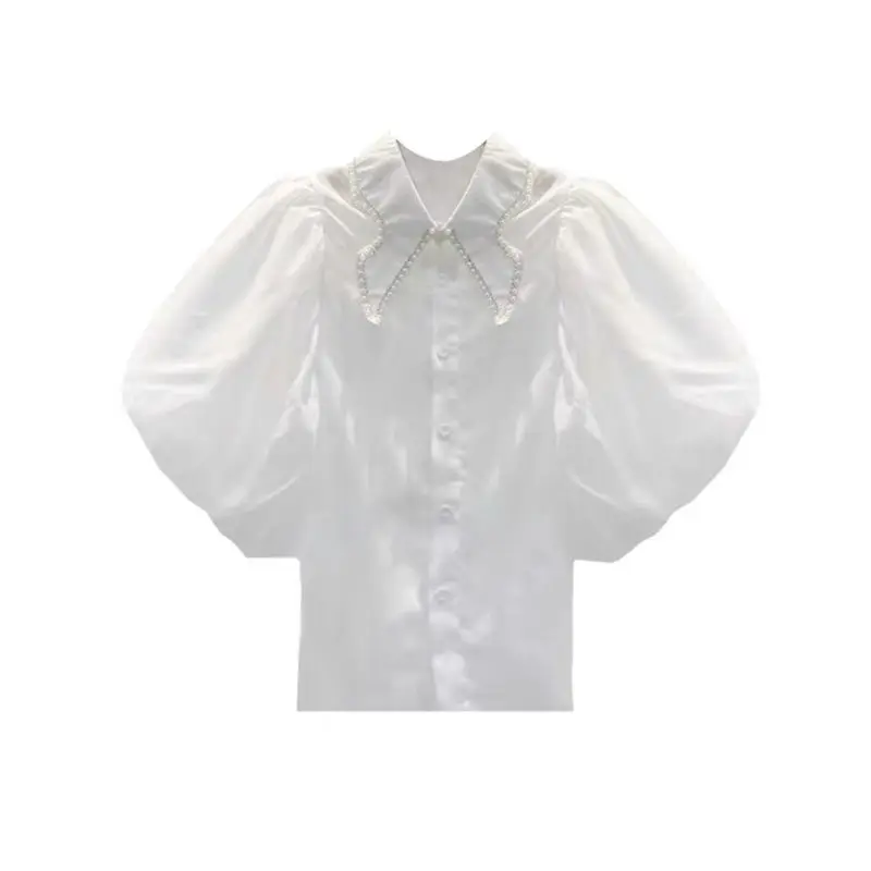 2022 verão nova moda luz de luxo branco chiffon camisa feminina sexy confortável colar pérola coreano topos boutique roupas