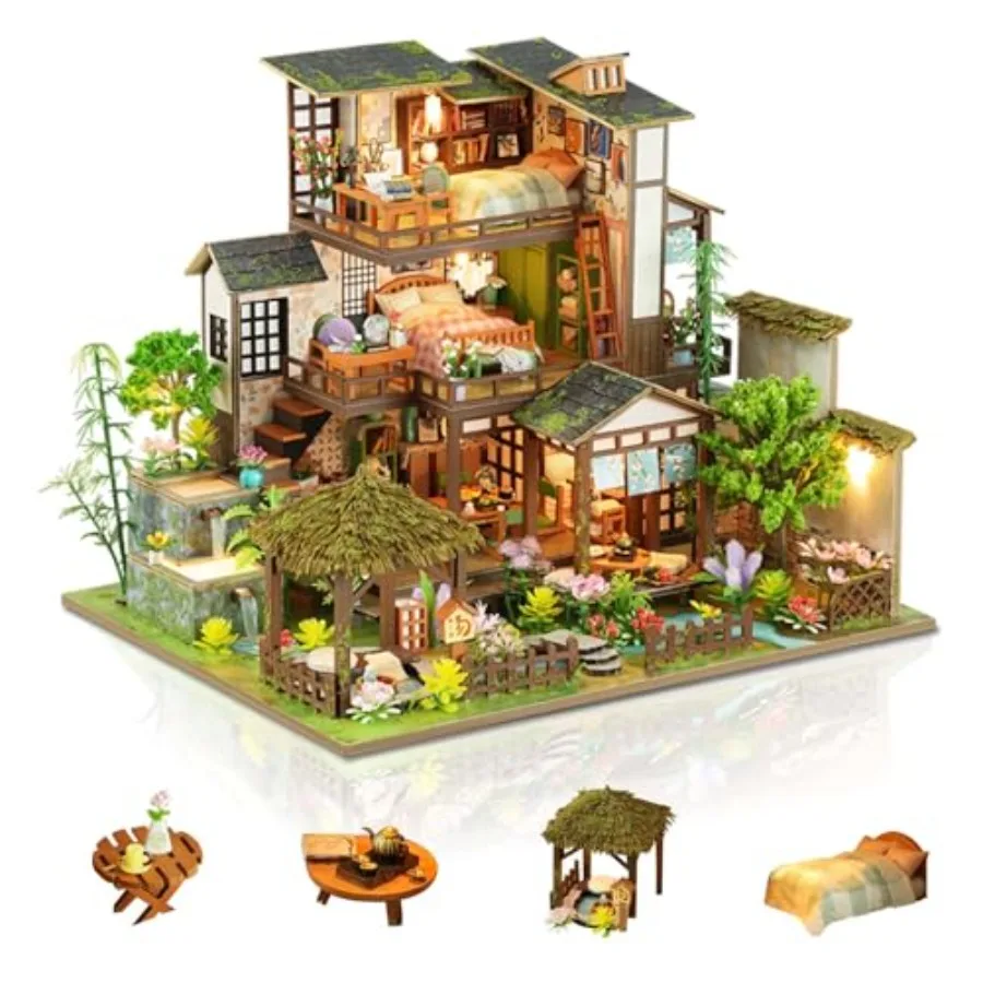 Miniature House Kit, Tiny House Kit with Light, DIY Mini House Building Kits for Adults to Building, Unique Gift for Birthday M