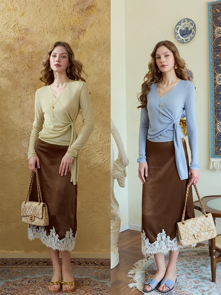 

Slim Fit Knitted Sweater Women V-Ne Side Tie Waist Cinching Dual Color MR WATER Waterdrop King Summer Faion Simple Sle