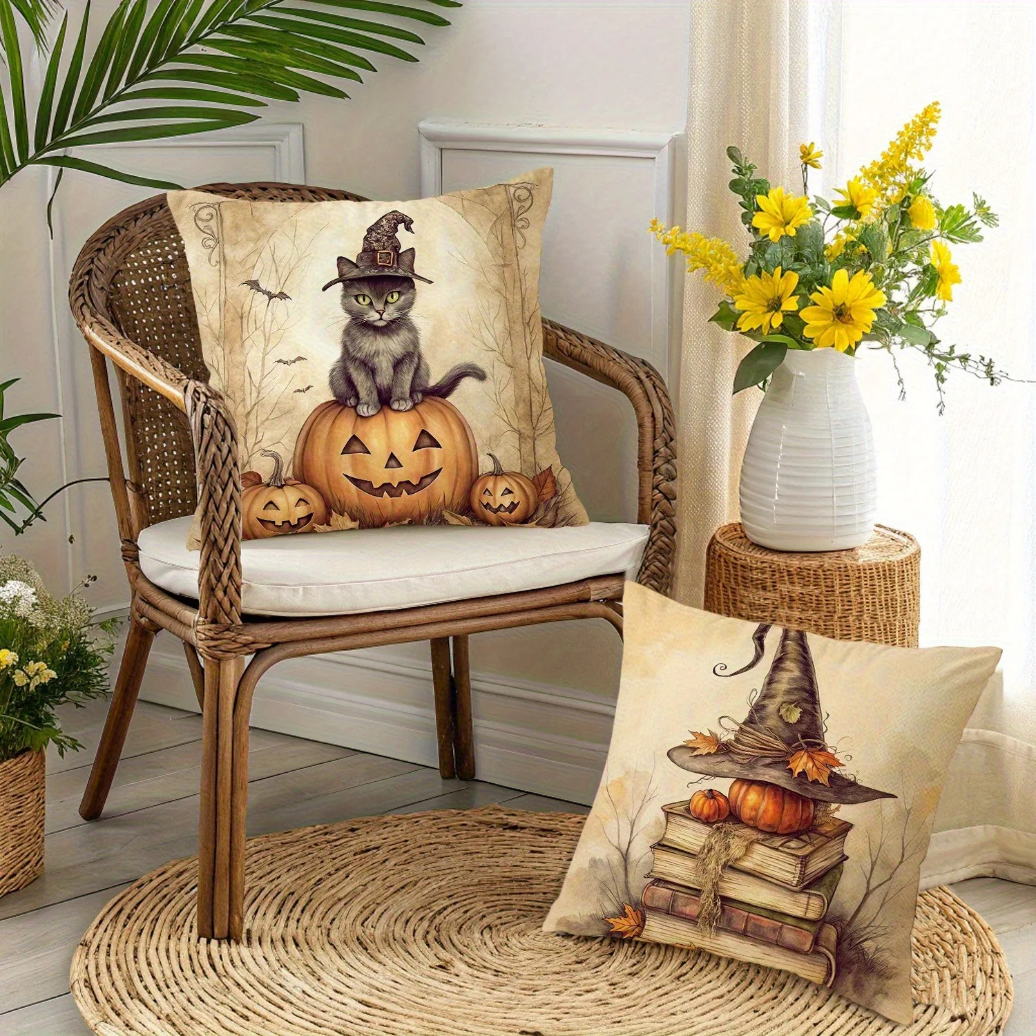 أغطية وسائد الهالوين المخيفة: قطة على اليقطين، جمجمة وفانوس، كرسي وغراب، كتب وقبعة ساحرة، غطاء وسادة أريكة هدية #5