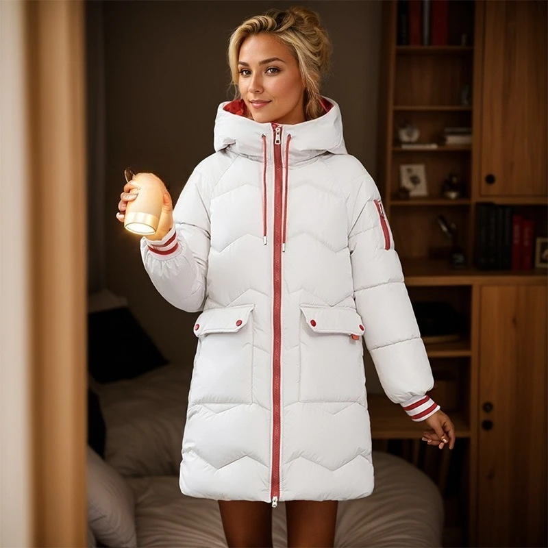 유럽과 미국의 패션과 아름다운 겨울 의류 중간 및 긴 면 패딩 의류 후드 루즈 자켓