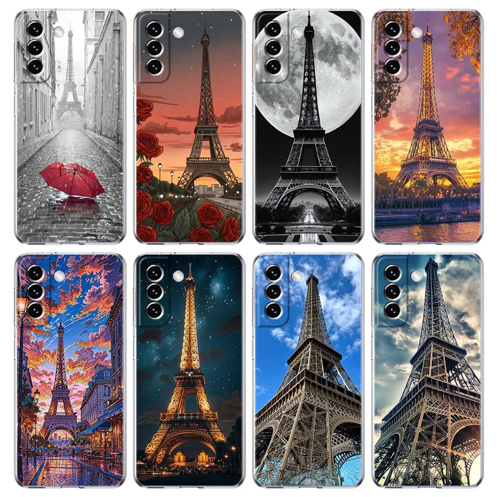 Funda de teléfono para Samsung Galaxy S25 Edge S24 S23 FE S22 Ultra S20 S21 5G S10 Plus S10E, funda transparente suave, paraguas rojo, Torre Eiffel
