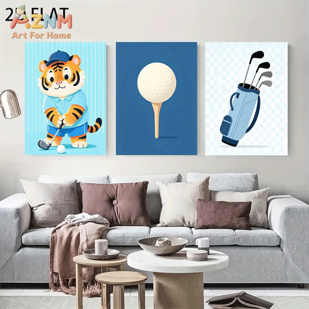 AZNM Frameless Canvas Wall Art, Cartoon Tiger Golfer Golf Ball Bag Print, Cute Golf Sports Themed Wall Decor for Living Room Bed