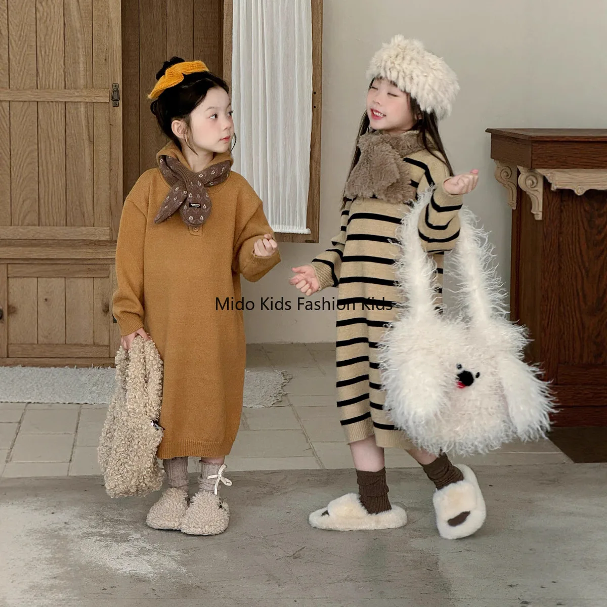 

Children's Autumn/Winter Korean-Style Striped Knitted Dress Girls' Loose-Fit Hooded Knit Top with Long Skirt 90-150CM