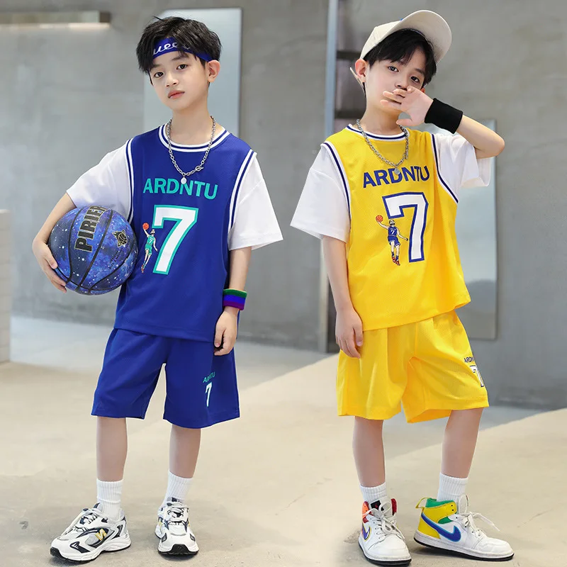 

2023 Boys Sports Basketball Clothes Suit Summer Children's Fashion Leisure Letters Short Sleeve T Shirt+Shorts Sets Kids Clothin