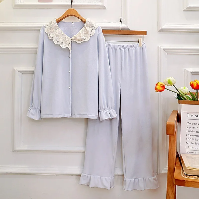طقم بيجامة نسائي كوري للخريف بأكمام طويلة من الدانتيل الأمامي وإبزيم أنيق للاستخدام الداخلي والخارجي يسمح بمرور الهواء ومريح مقاس XL