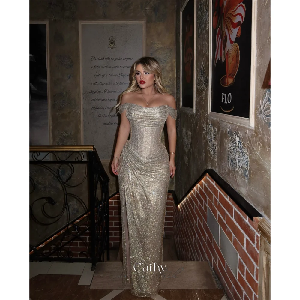 

Cathy Customized Sliver Off the Shoulder Pleats Prom Dress Glitter Side High Split vestidos de noiva Floor-length Formal Evening