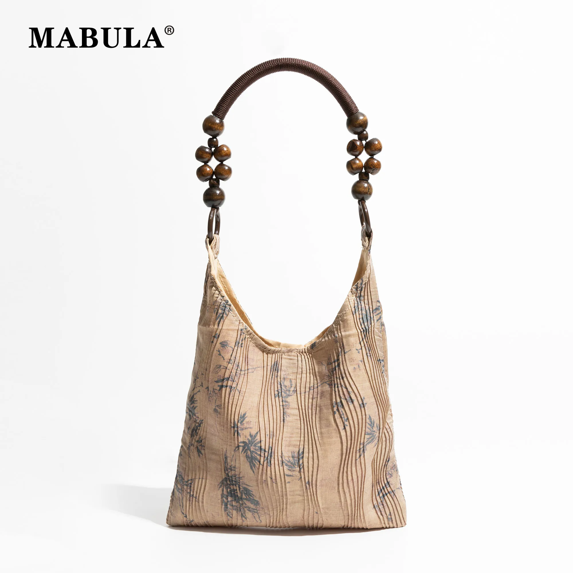 

MABULA Elegant Bamboo Print Woman's Chinese Style Hobo Bag Chic Beaded Handle Handbag Vintage Nylon Tote Pleated Purse