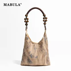 MABULA Elegant Bamboo Print Woman's Chinese Style Hobo Bag Chic Beaded Handle Handbag Vintage Nylon Tote Pleated Purse