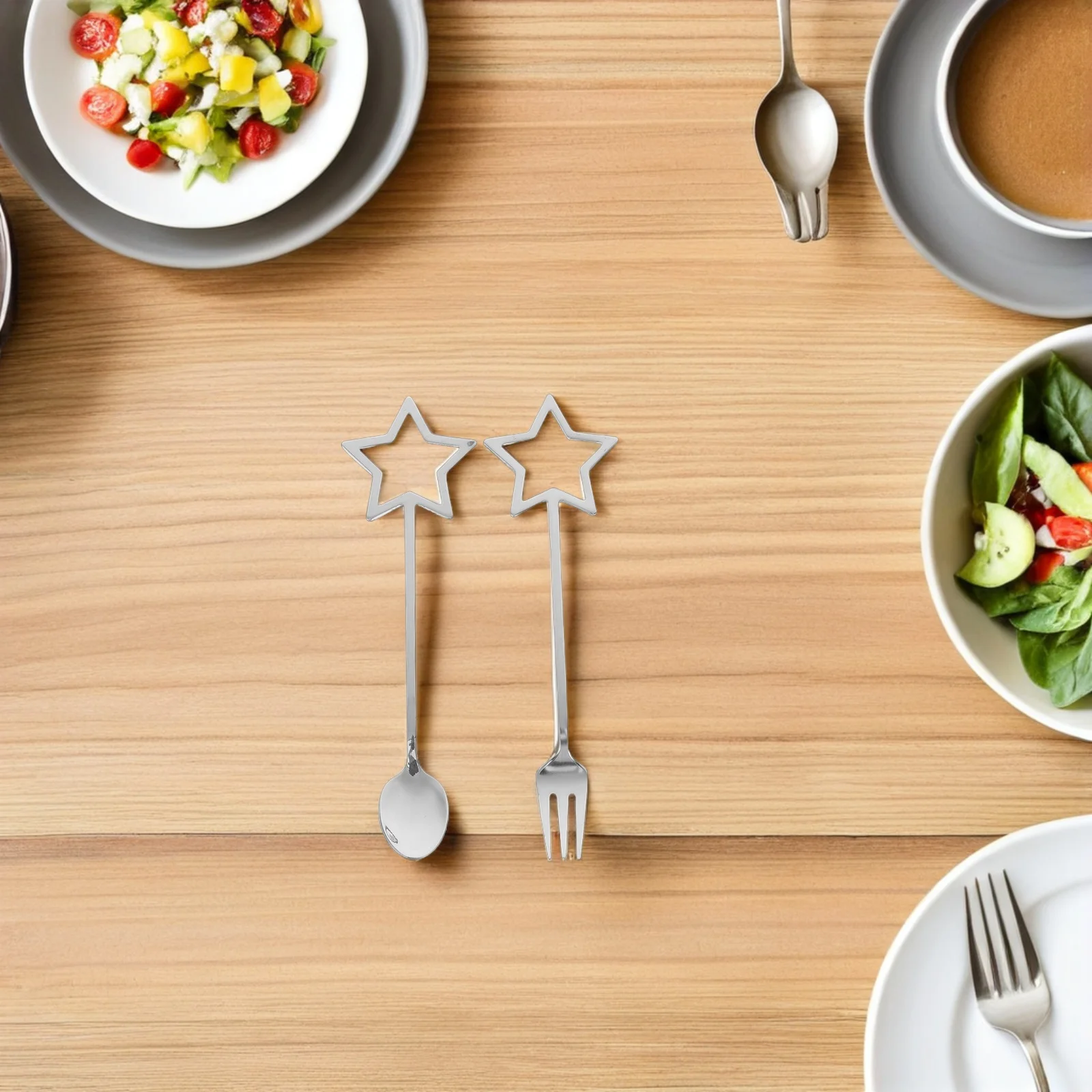 

1 set Stainless Steel Coffee Spoon Star Design Compact Travel Dessert Forks Bento Picks Stirrer Tableware Set