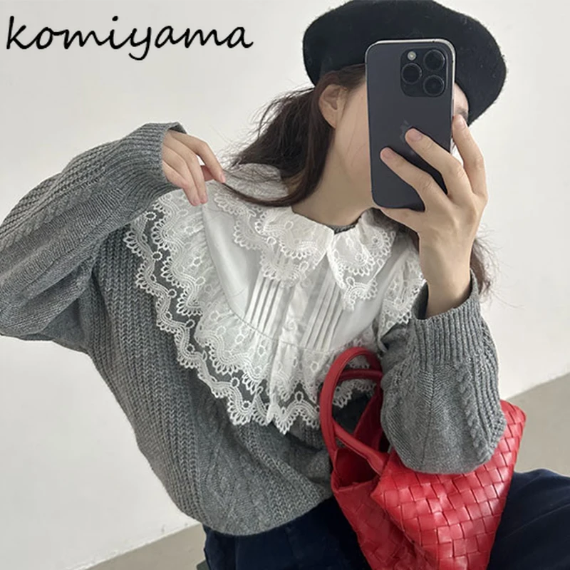 Korean Chic Removable Lace Collar Sweater Contrast Ropa Mujer Long Sleeve Pullover Twist Womens Clothing Loose Knitwears