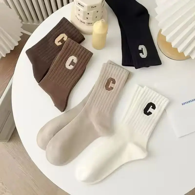 5 Pairs/Set Coffee Color Socks Women Korean Letter C Middle Tube Socks Autumn Winter Warm Cotton Female Sport Socks