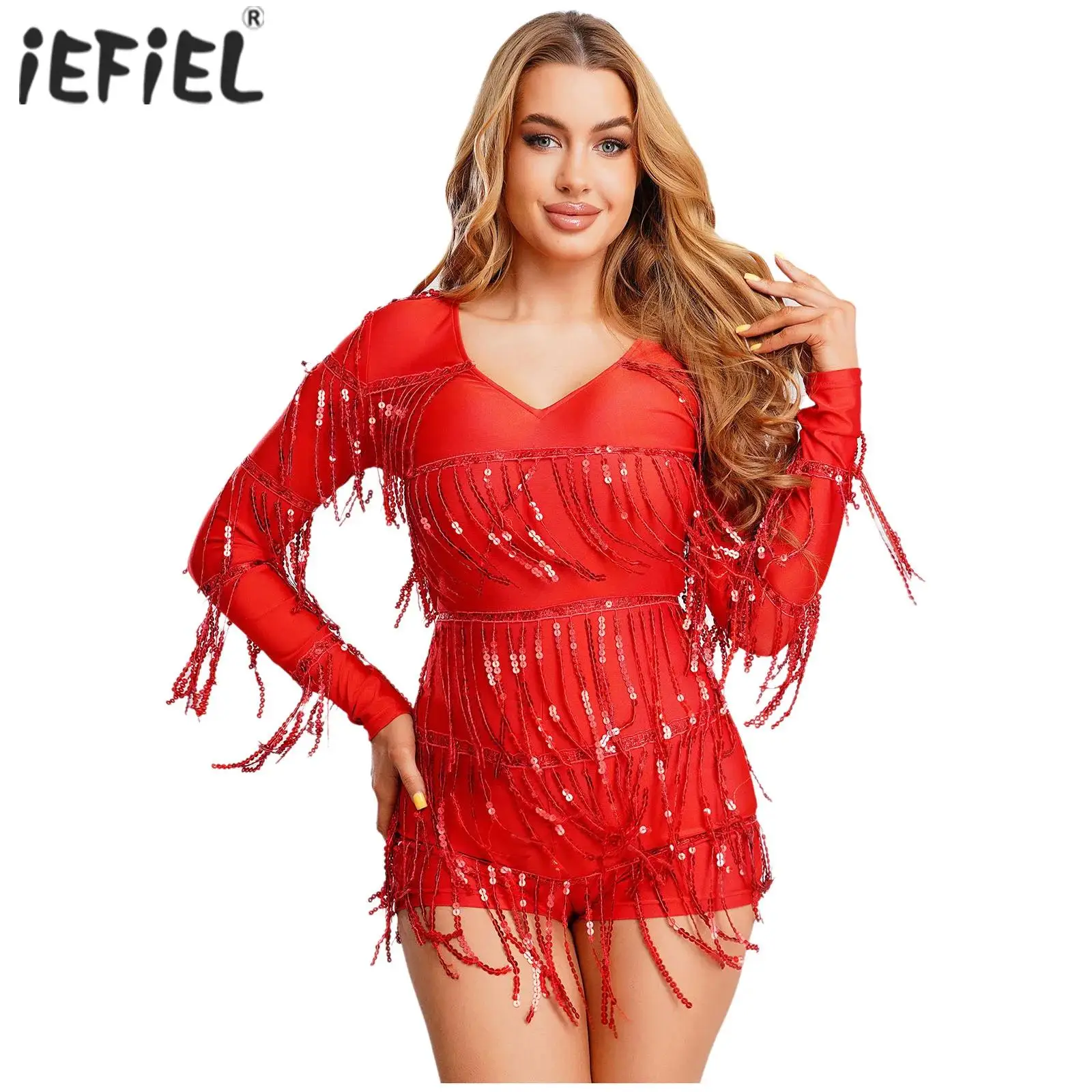 

Womens Glittery Fringe Rompers Bodysuit Pole Dance Costume V Neck Long Sleeve Tiered Tassel Boy-shorts Bottom Jumpsuit Clubwear