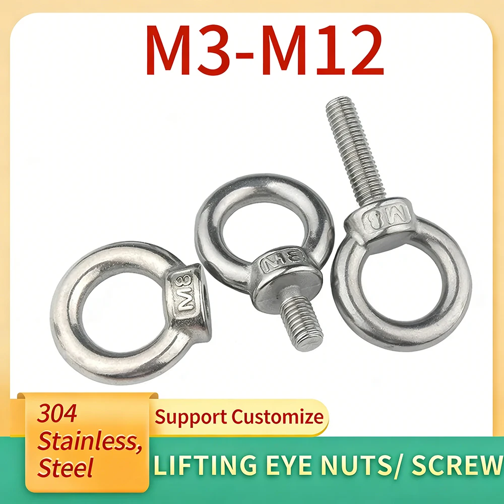1-2Pcs M3 M4 M5 M6 M8 M10 M12 Lifting Eye Nuts/ Screw 304 Stainless Steel Ring Eyebolt Ring Hooking Nut Screws Support Customize