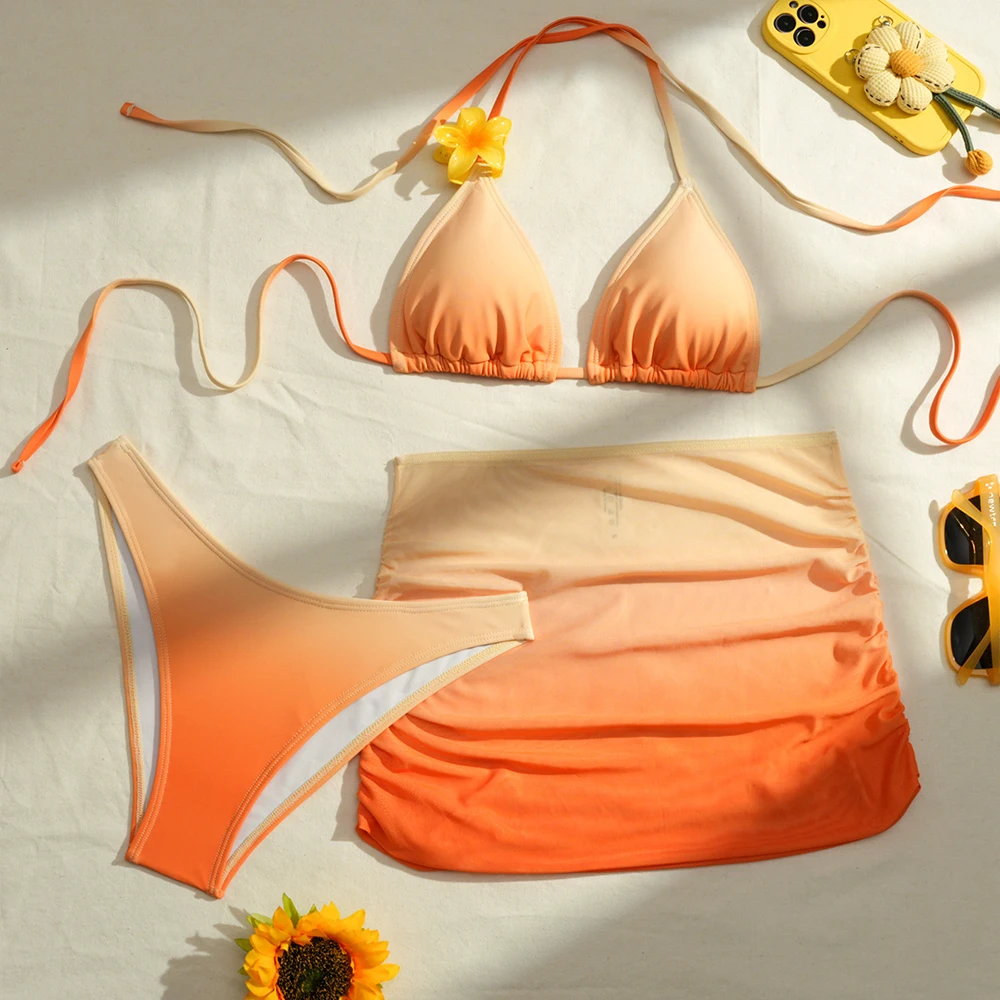 3Pcs Women's Bikini Set Gradient Lace Up Mesh Cover Up Skirt Sexy Fashion Seaside Vacation Swim Women's Beach Swimwear