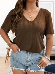 Plus Size Women's 1XL-5XL Short Sleeved T-shirt Fashionable Solid Color Short Sleeved Top Ladies Casual V-neck Knitted