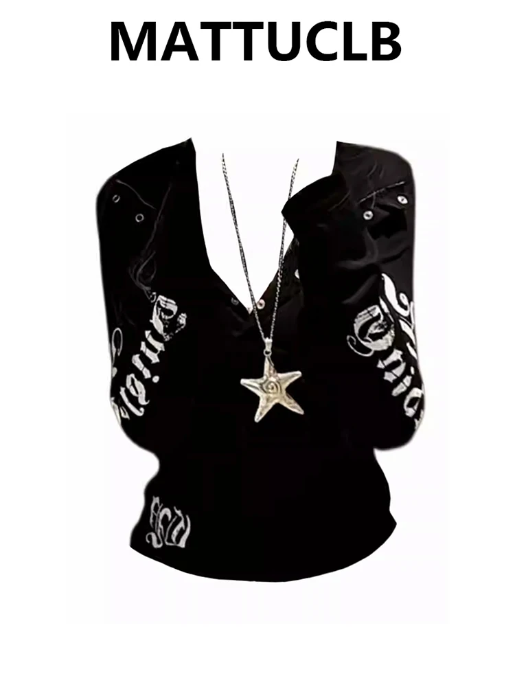 

2025 Autumn Women Dark Academia Gothic Harajuku Top Coquette 2000s Aesthetic Long Sleeve T-Shirt Punk Hoodies Tees Gyaru Y2k New