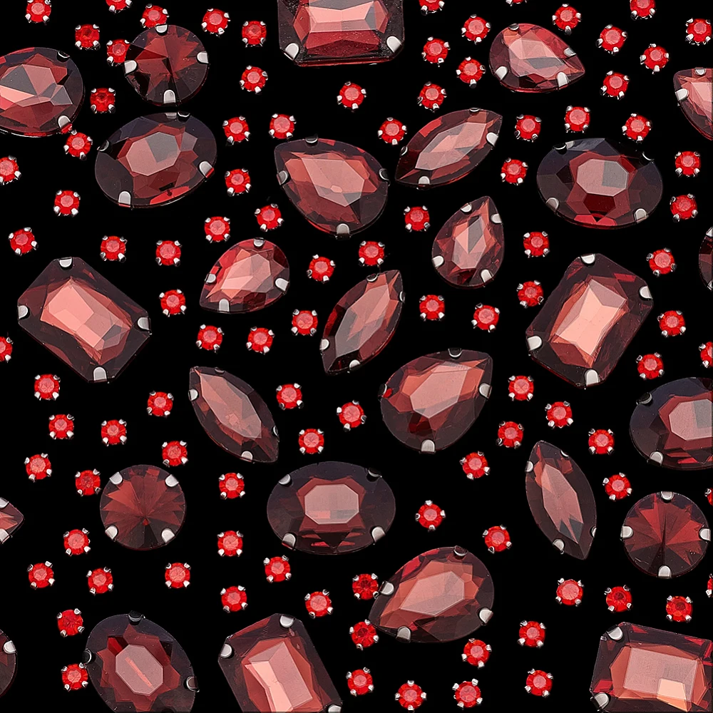 156-pecas-7-estilos-strass-vermelhos-com-base-plana-para-costura-cristais-com-engaste-de-garras-vidro-facetado-redondo-gota-retangular-gemas-leves