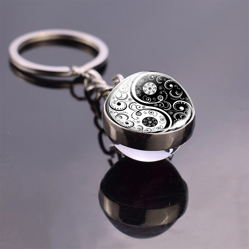 Double Side Yin Yang Tai Chi Keychain Glass Ball Pendant Zen Meditation Symbol Key Chain Key Rings Car Keyfob