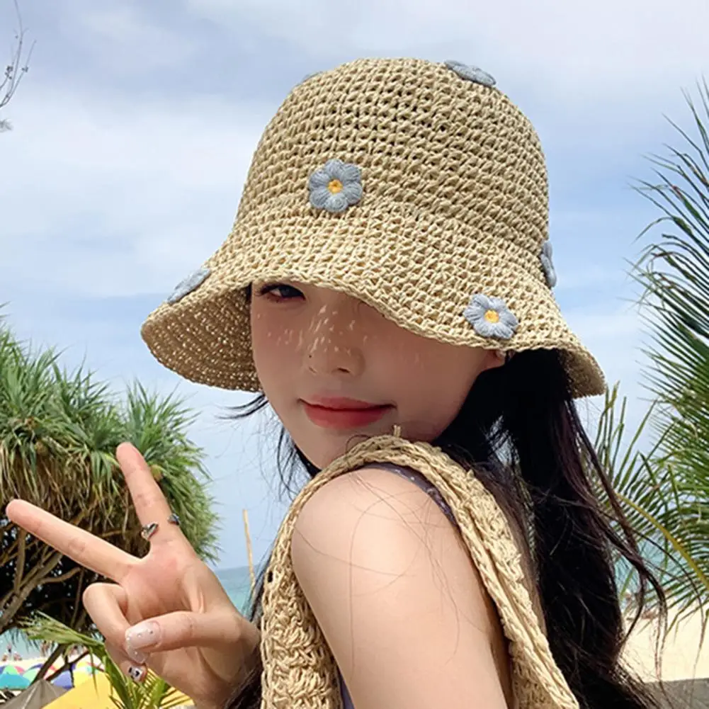 

Women's Beach Straw Hat Hollow Flower Decoration Shade UV Folding Photo Props Holiday Hat Women's Fisherman Hat