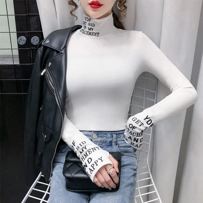 Long Sleeve Top for Women Skinny White T Shirts Female Pulovers Slim Clothes High Quality Tees In Cotton Cheap Luxury Turtleneck