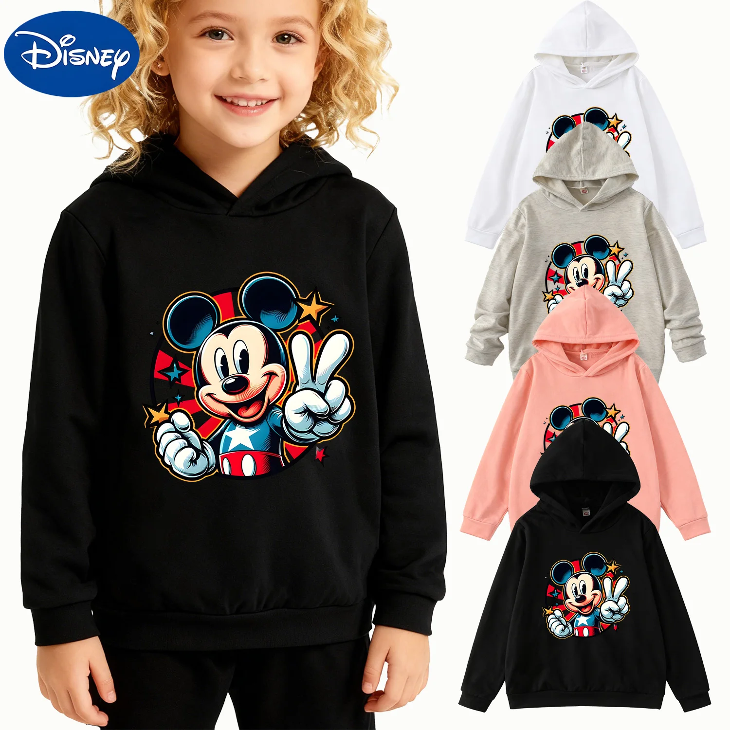 

Boys Girls Kids Hoodie Disney Mickey Mouse Peace Sign Star Graphic Black Casual Pullover Sweatshirt