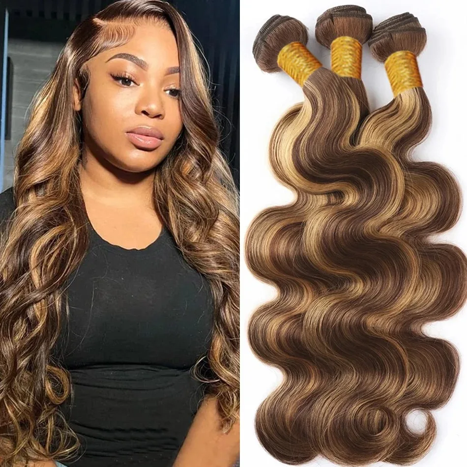 Links Highlight Body Wave Human Hair Bundles P4/27 Hair Colored Weaving  100% Brazilian Remy Hair Extensions Bundles For Women