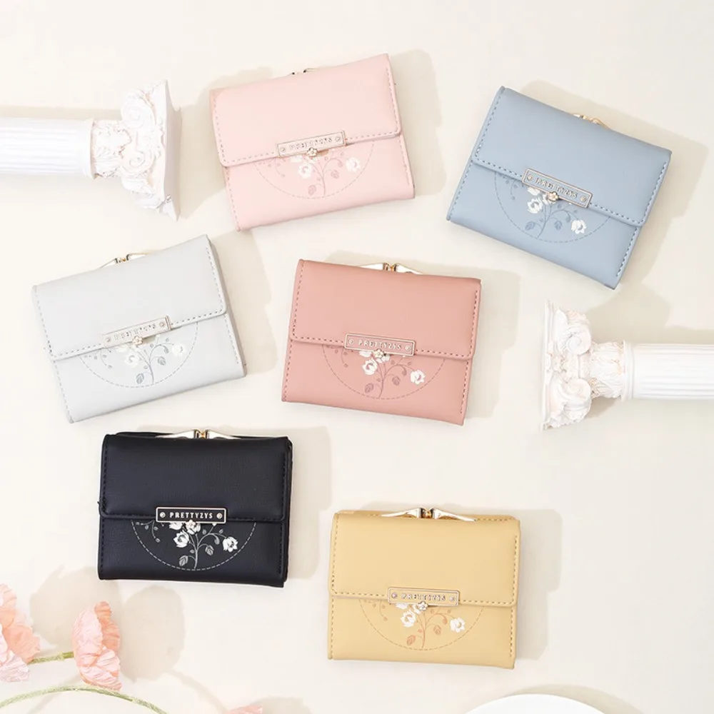 

Large Capacity Coin Purses New PU Leather Solid Color Clutch Bag Flower Short Wallet Student