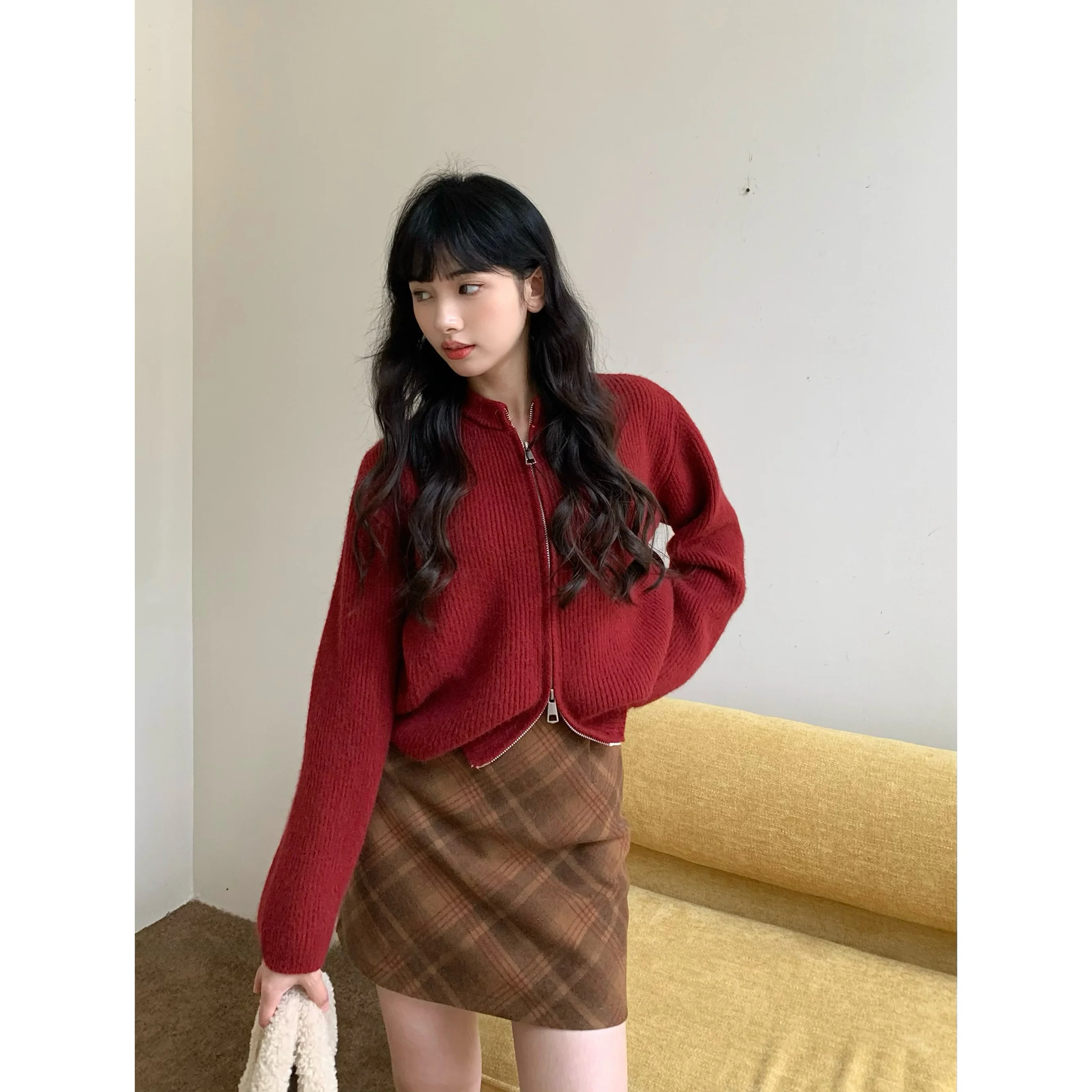 

Свитер-кардиган Sosomall Festive Aosphere Berry Red на молнии, вязаный, свободный, повседневный, с круглым вырезом, длинный рукав