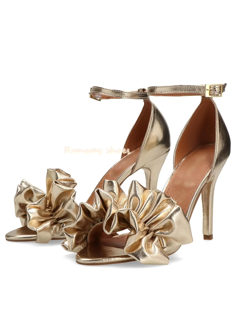 Product Name:Black Stilettos Luxury Sandals Pointed Toes Ruffled Flower Design Ankle Strap Buckle Summer Sexy Banquet Women's Sh