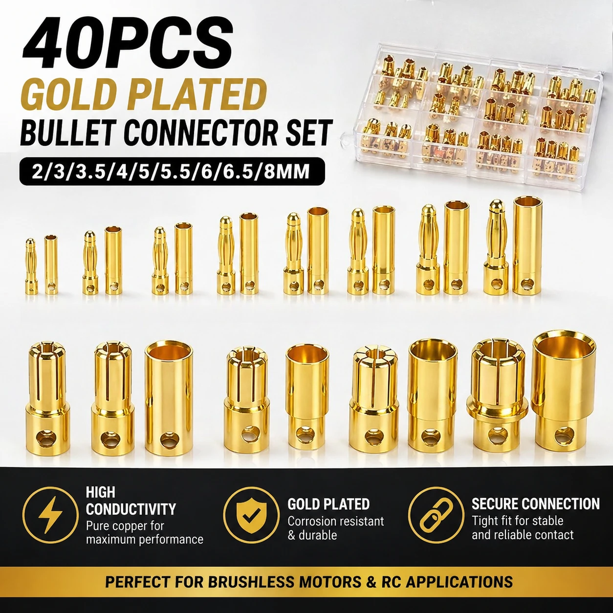 

40pcs 2 3 3.5 4 5 5.5 6 6.5 8mm Gold Plated Banana Plug Pure Copper Bullet Connector for RC Aircraft Brushless Motor
