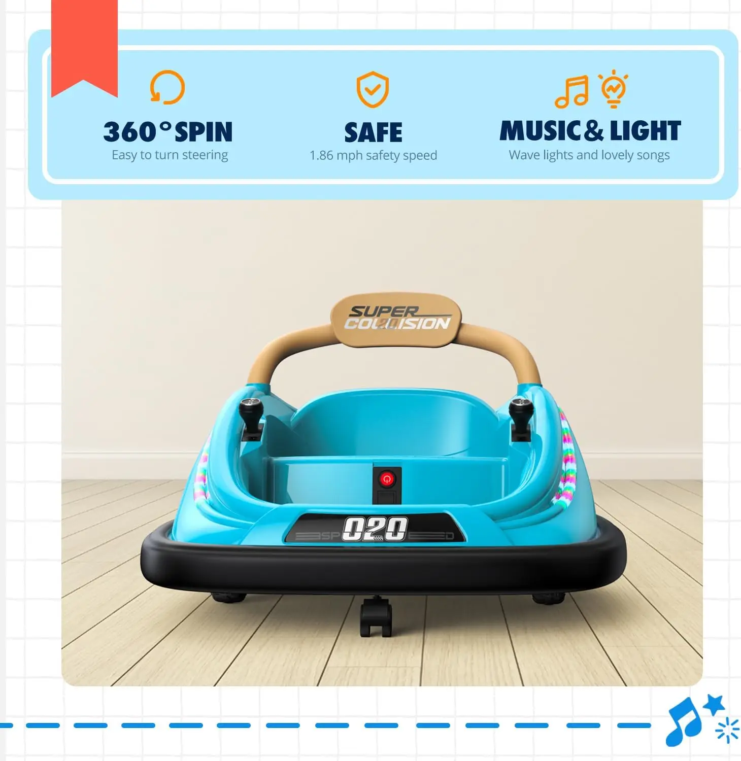 Ride-on toy, 12V electric bumper car with remote control, music for 1-6 years old children, unisex gift