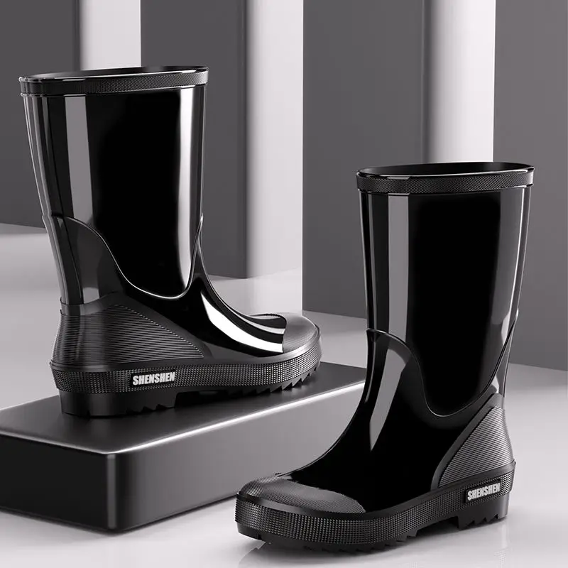Waterproof Mens Mid Rain Boots Thick Sole Anti Slip PVC Outdoor Fishing Car Wash Construction Labor Footwear