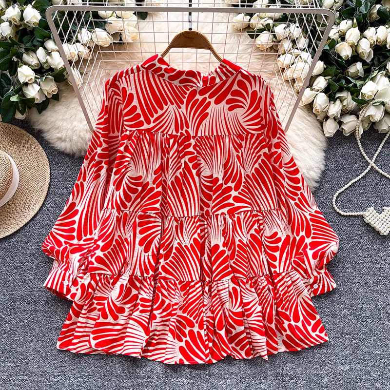 Lente Herfst Casual Shirt Met Lange Mouwen Vrouwen Grote Maat Losse en Veelzijdige Lantaarn Mouw Single Breasted Gedrukt Blouse C338