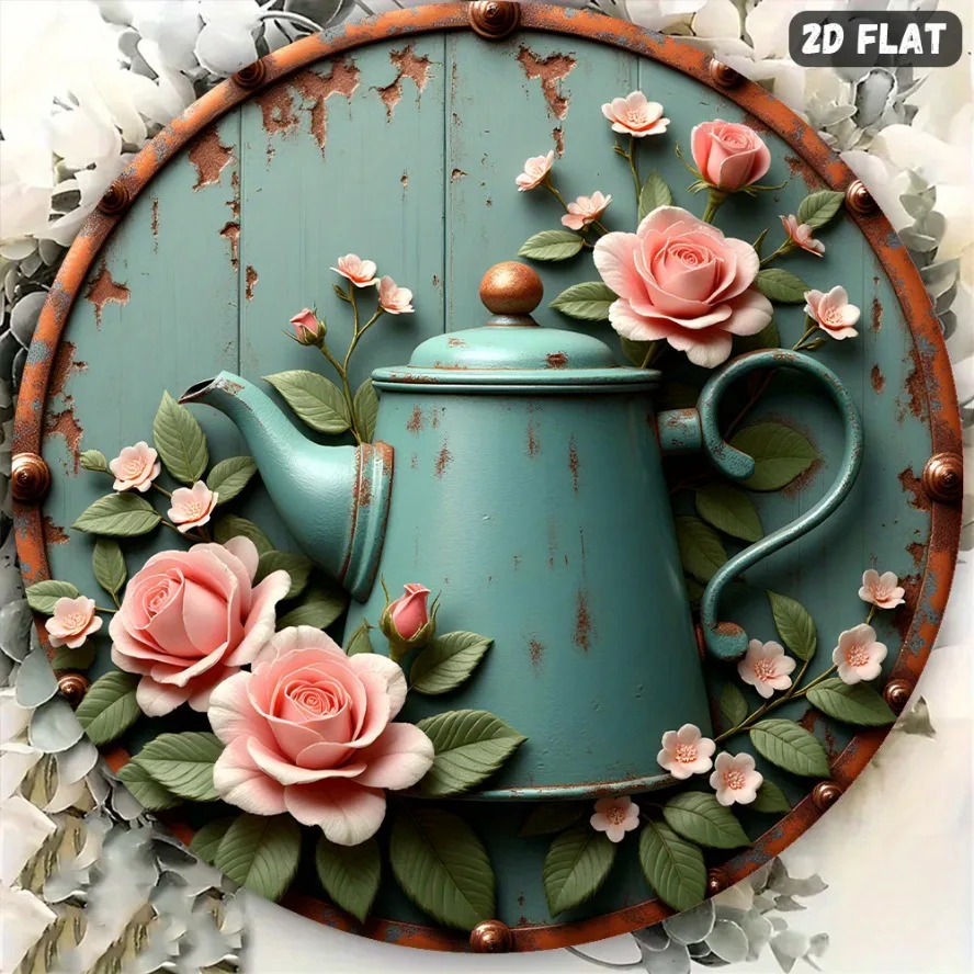 2D Vintage Metal Sign, Retro Green Watering Can Rose Wall Decor, Rustic Aluminum Round Plaque for Garden Kitchen Office Holiday