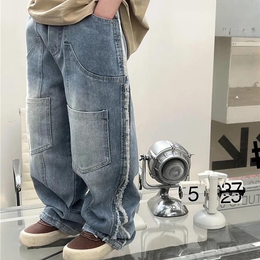 

2024 Autumn Children's Jeans American Retro Splicing Hairy Edge Boys and Girls' Western Style Cowboy Pants