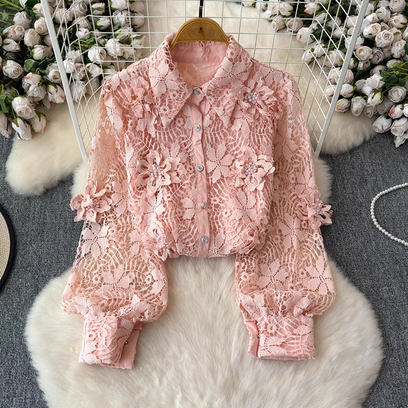 EWQ Casual Lace Flower Splice Hollow Out Shirt Women Lapel Collar Long Sleeve Solid Color Tops Clothing 2024 Summer New 27X469