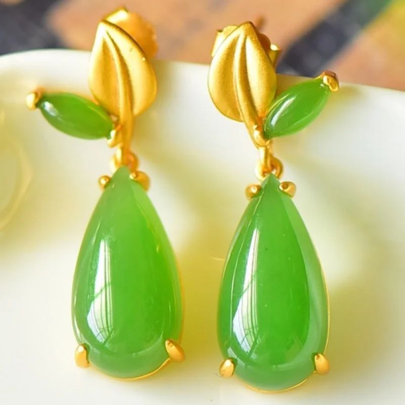 SGARIT Authentic Jadeite Hetian Jade S925 Silver Inlay 9*27mm Waterdrop Stud Earrings Gold-Plated Leaf Accents Fashion Versatile