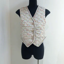 Chaleco francés pequeño con cuello en V para mujer, abrigo corto de Tweed, Estilo Vintage, informal, coreano, Simple, de alta calidad
