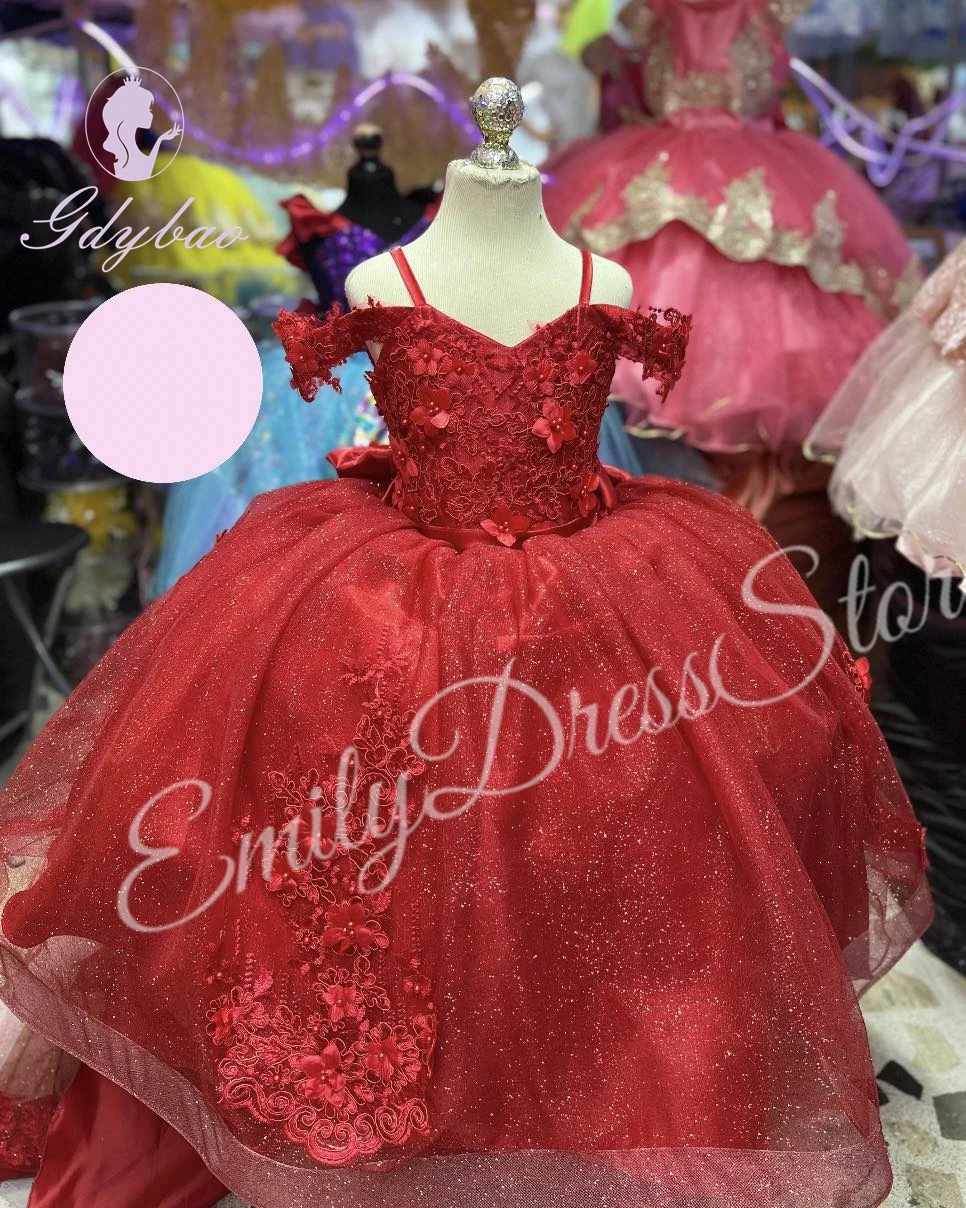 Robes de demoiselle d'honneur rouges personnalisées pour mariage, appliques avec nœud, dentelle, tulle, fête d'anniversaire pour enfants, robe de Rhde première communion