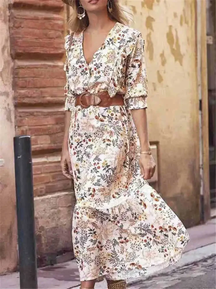 

Women's maxi beige long sleeve floral print spring fall season v-neck modern dress long dresses for women women clothing