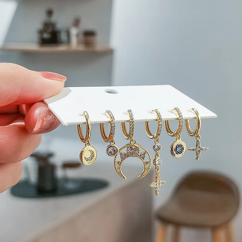 6 Pieces/set 925 Sterling Silver Star Moon Hoop Earrings Set Shiny Micro Zircon Earrings for Women Luxury Jewelry