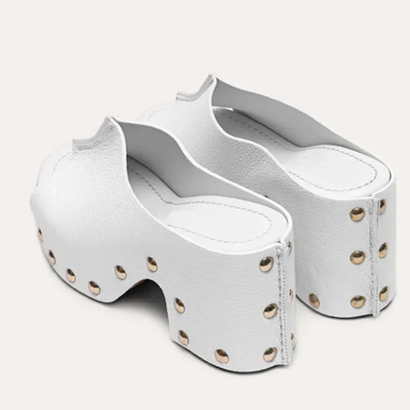 Metal Rivet Patchwork Leather Slippers Sexy Square Toe Squar Heel Slip On Customized New Arrivals Fashion Women Modern Shoes