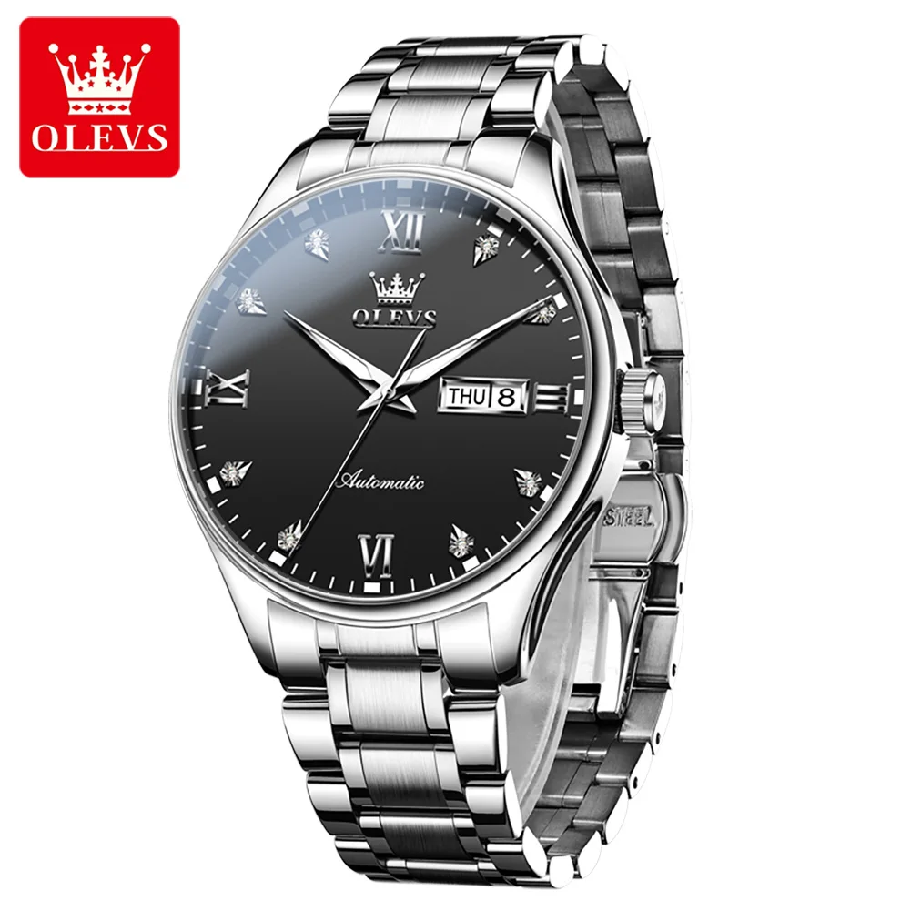 OLEVS Men's Watches Simple Business Stainless Steel Original Brand Self-winding Automatic Mechanical Wristwatch for Man Calendar