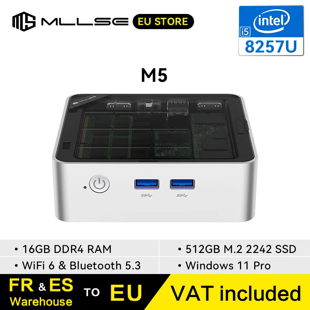MLLSE Mini PC M5, processeur Intel Core i5-8257U, 16 Go de RAM, SSD 512 Go, Wi-Fi 6, Bluetooth 5.3, Windows 11 Pro