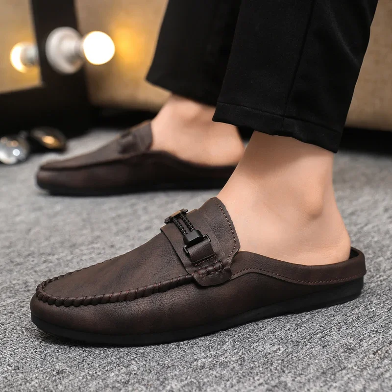 Summer Leather Men Half Slippers Breathable Mens Casual Shoes Slip-on Lazy Driving Shoes Comfortable Walking Loafers Moccasins