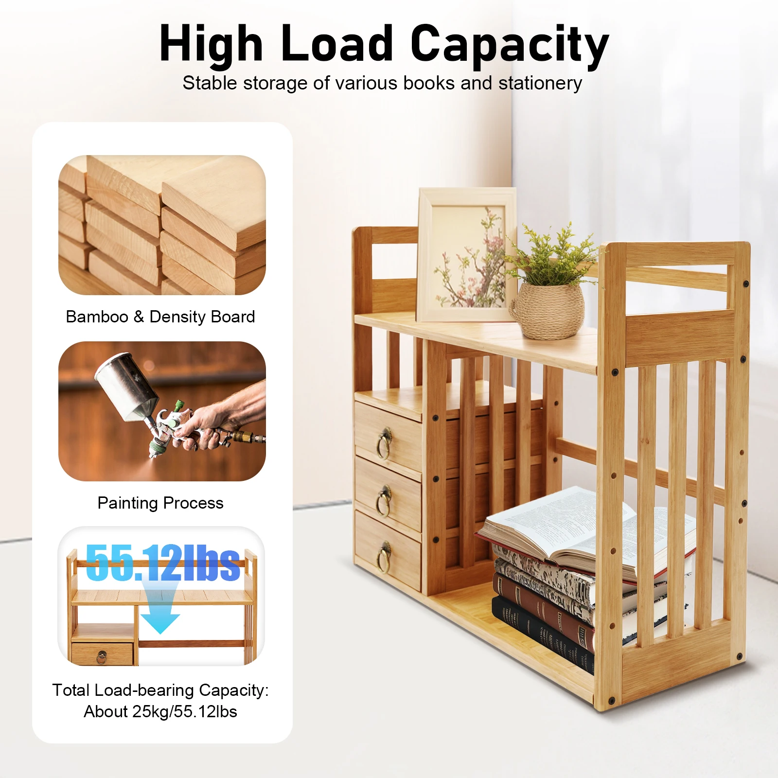 

Bamboo Desktop Bookcase with Drawers, Desktop Bookcase with 3 Drawers for Office and Home (Natural/Walnut)