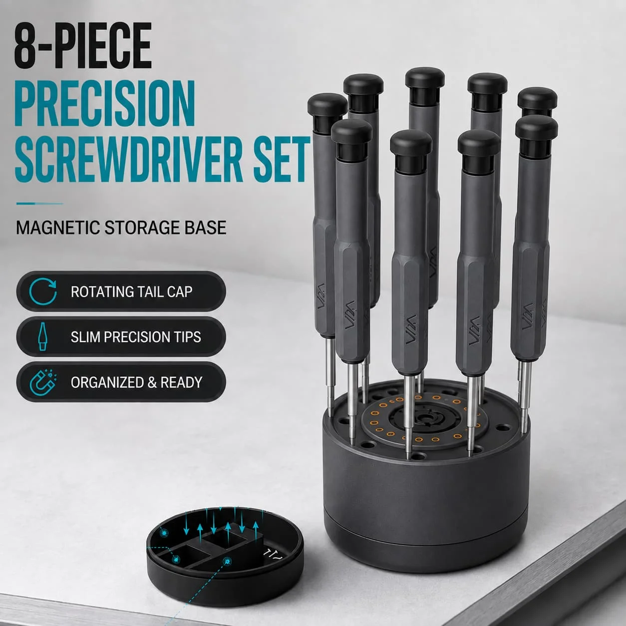 JIMIHOME 8-Piece Precision Screwdriver Set with Magnetic Storage Base, Rotating Caps for Electronics Repair